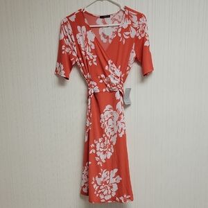 West Kei Orange Wrap Midi Dress with V-Neck, Womens Small New With Tags